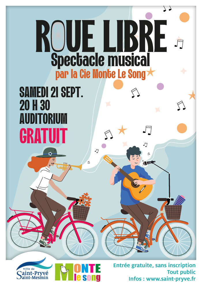 Le vélo s’invite à Saint-Pryvé dès le samedi soir 21 septembre à 20h30 avec le spectacle musical « Roue libre » joué par la Compagnie « Monte le Song » à l‘Auditorium Léo Lagrange.