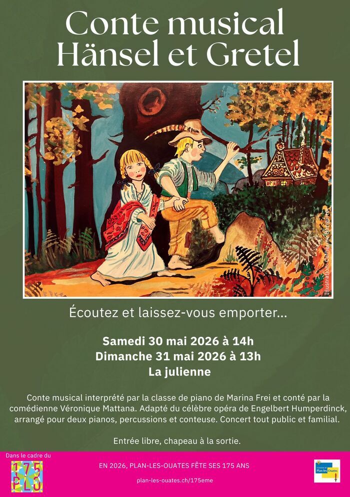 Conte musical pour deux pianos, percussions et une conteuse. Classe de piano de Marina Frei.  Samedi 30 mai 2026 à 14h et dimanche 31 mai 2026 à 13h à la julienne. Dans le cadre des 175 ans de PLO