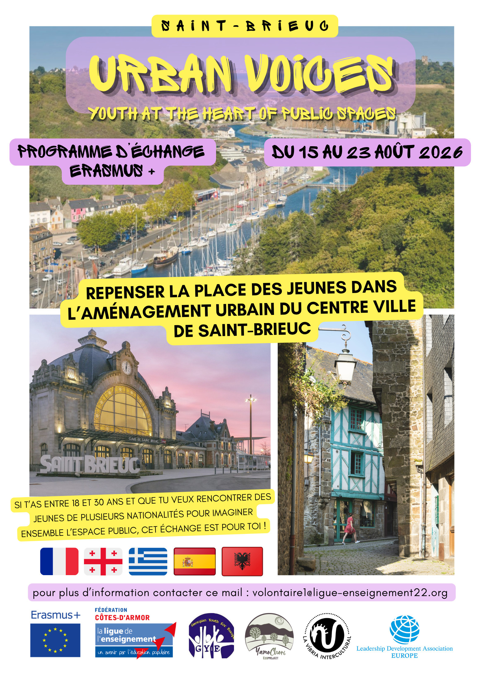 Echange de jeunes Erasmus + du 15 au 23 août à Saint-Brieuc pour des jeunes de 18 à 30 ans.