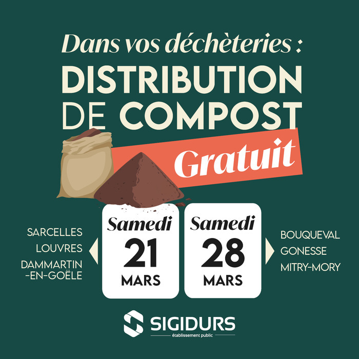 Le printemps approche et le Sigidurs pense à vous et vous propose gratuitement du compost. Rendez-vous samedi 21 mars pour en récupérer dans nos déchèteries : Sarcelles, Louvres et Dammartin-en-Goële.