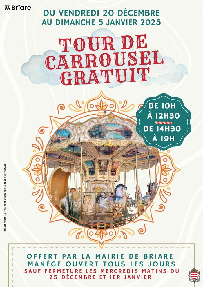 Profitez du tour de carrousel gratuit à Briare proposez par la Mairie de Briare ! Du 20 décembre 2024 au 5 janvier 2025, le manège est ouvert tous les jours, de 10h à 12h30 et de 14h30 à 19h (sauf ...