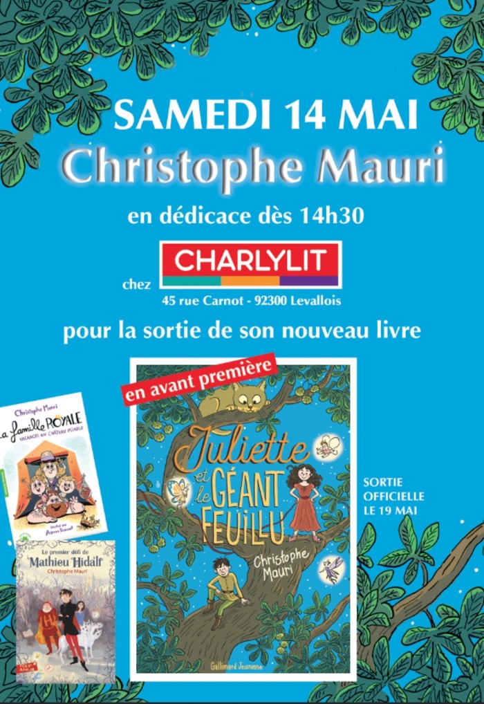 Samedi 14 Mai à 14h30 l'Auteur de Mathieu Hidalf viendra présenter en exclusivité son dernier roman JULIETTE ET LE GÉANT FEUILLU !