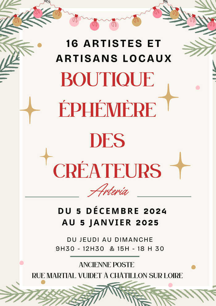 Découvrez la Boutique éphémère des créateurs à Châtillon-sur-Loire du 5 décembre 2024 au 5 janvier 2025. Un événement unique réunissant 16 artistes et artisans locaux. Ouvert du jeudi au dimanche, ...