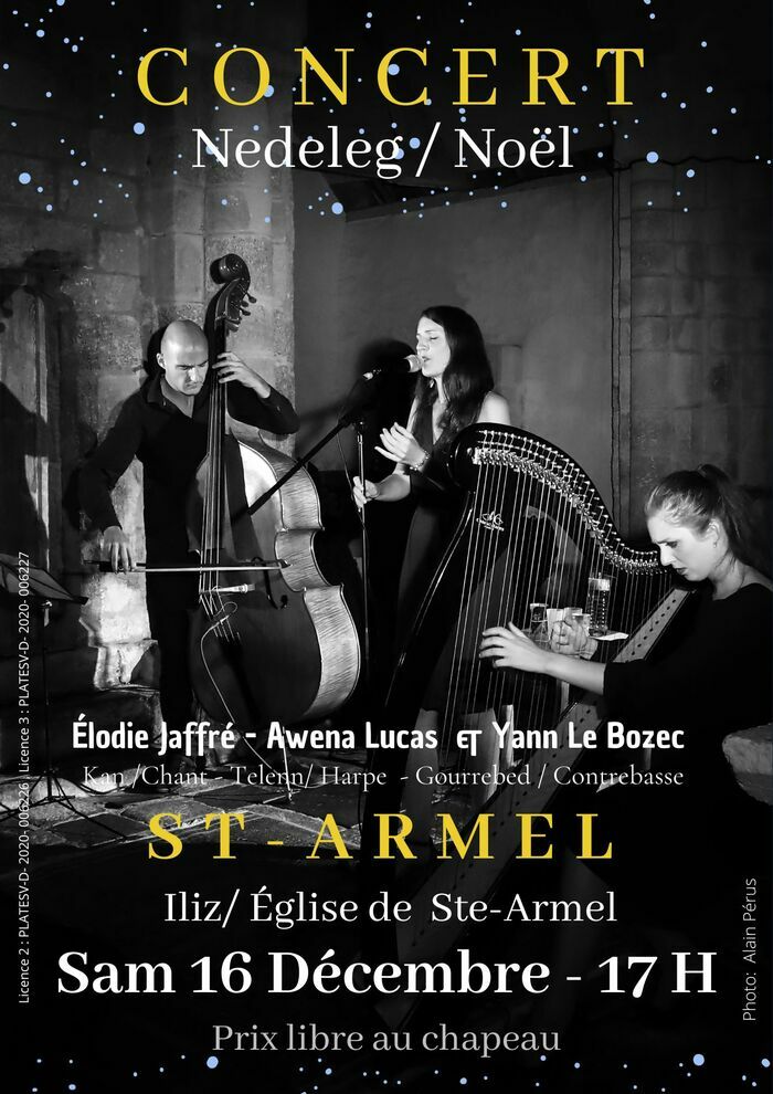 Retrouvez Elodie Jaffré, Awena Lucas et Yann Le Bozec pour un concert à l'église Ste-Armel le samedi 16 décembre à 17h