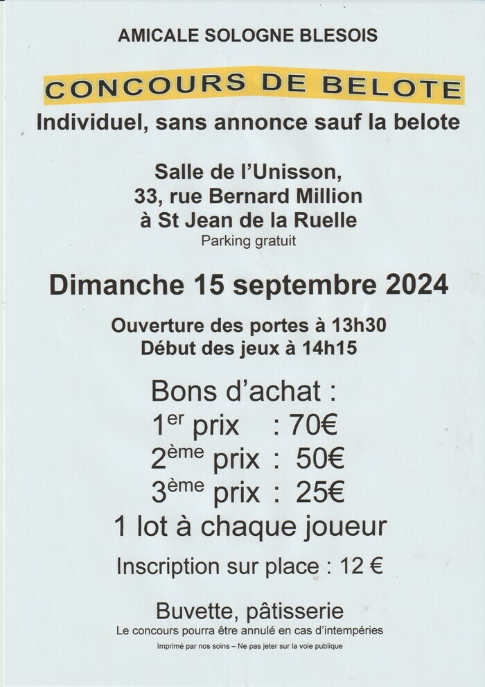 Concours de belote, salle de l'Unisson à St Jean de la Ruelle, dimanche 15 septembre 2024 à 14h15. Inscription sur place : 12€. Un lot à chaque joueur. Parking gratuit.