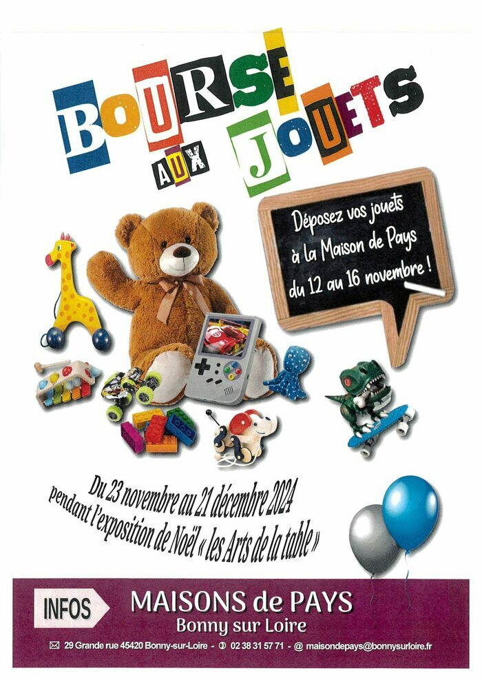 Participez à la Bourse aux Jouets à Bonny-sur-Loire ! Déposez vos jouets à la Maison de Pays du 12 au 16 novembre. L'événement se déroulera du 23 novembre au 21 décembre 2024, en parallèle de l'exp...