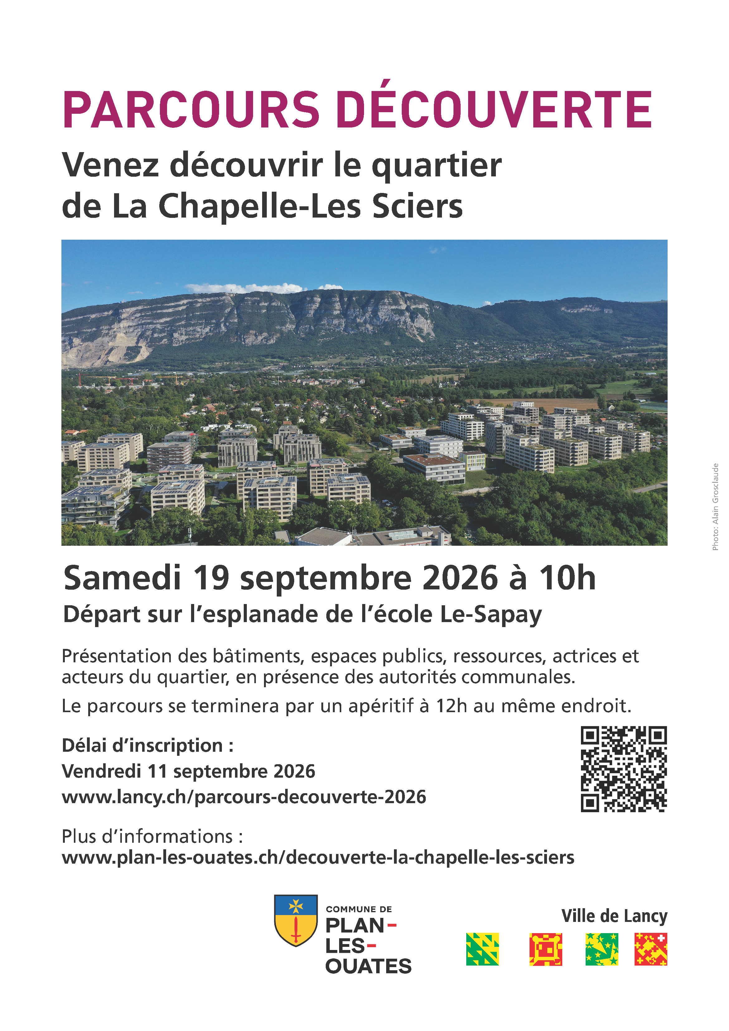 Vous habitez le quartier de La Chapelle – Les Sciers ou souhaitez mieux le connaître ? Participez à une visite guidée conviviale organisée par les communes de Plan-les-Ouates et de Lancy.
