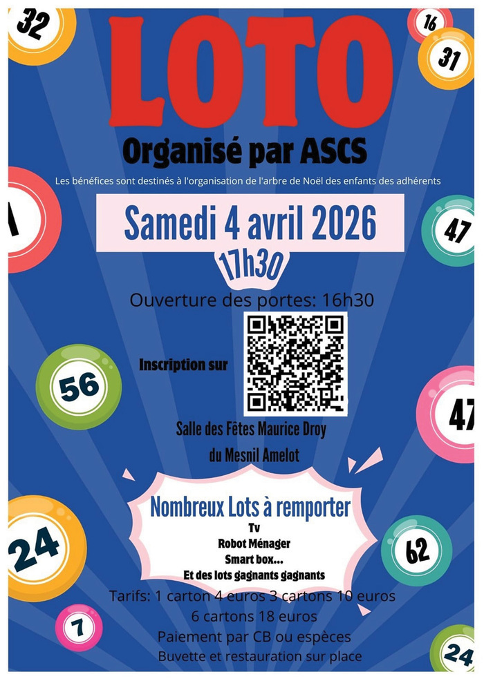 Samedi 4 avril 2026 l'ASCS organise un loto au Mesnil-Amelot