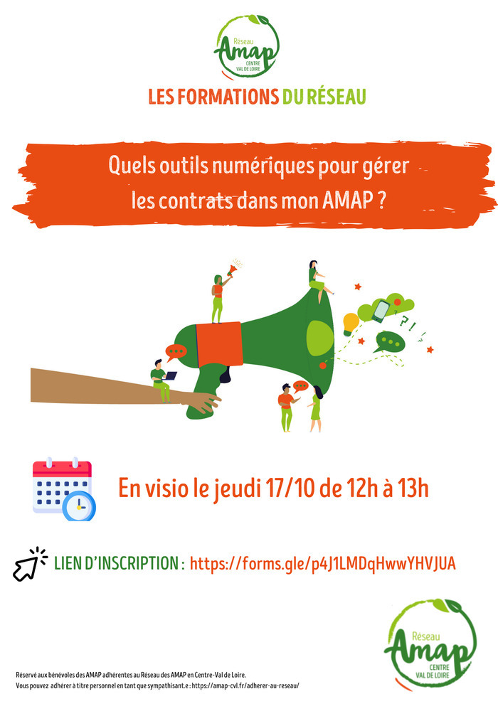 Jeudi 17/10 de 12h à 13h en VISIO  Formation pour les AMAP : Quels outils numériques pour gérer les contrats dans mon AMAP ?