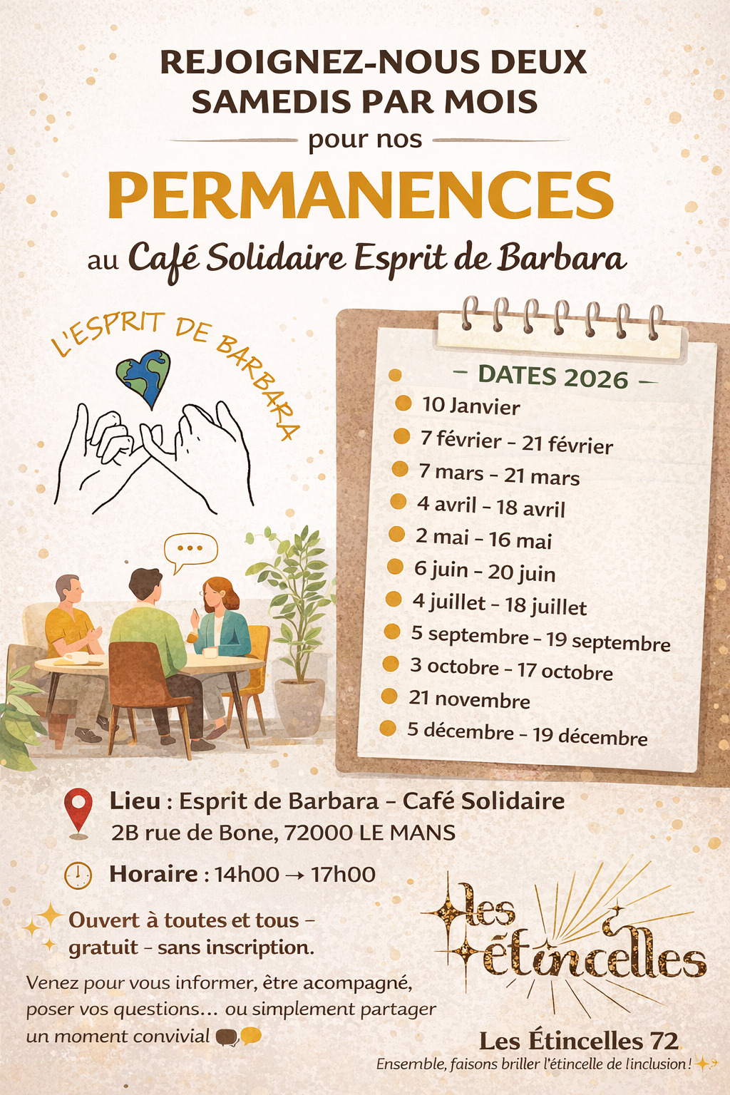 permanences au Café Solidaire l'Esprit de Barbara