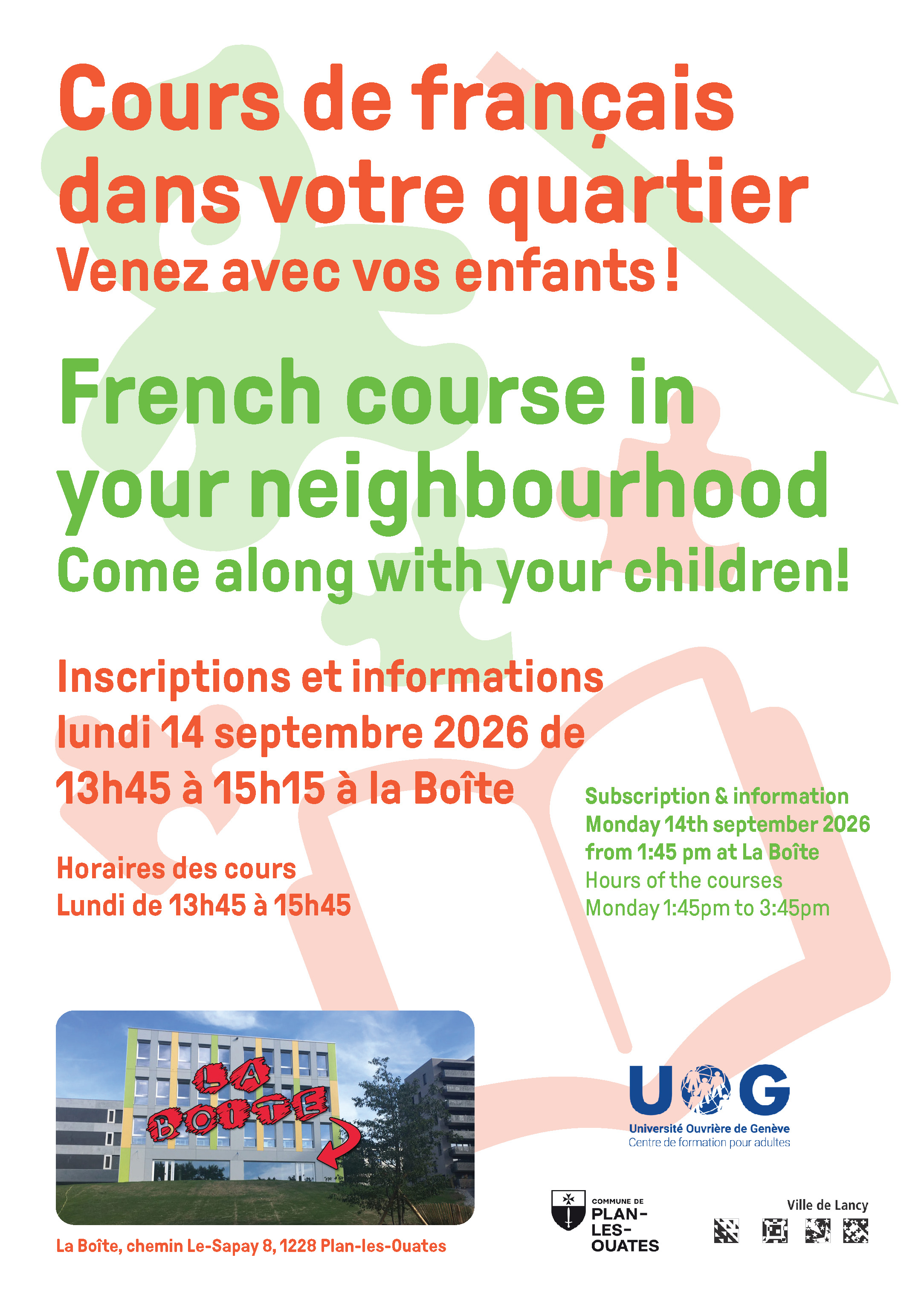 Vous souhaitez apprendre ou améliorer votre français ? Rejoignez la Boite à Français, un espace convivial de partage et d’apprentissage du français, animé par l’UOG (Université ouvrière de Genève).