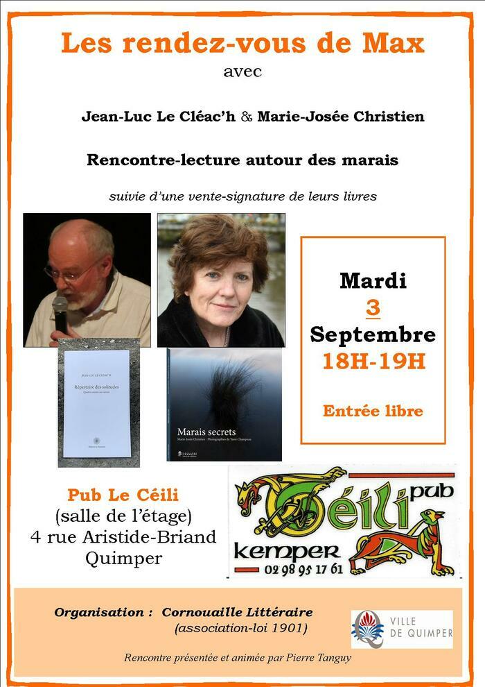 Lecture-rencontre avec deux auteurs qui ont écrit chacun un ouvrage de poésie sur les marais : Marie-Josée Christien et Jean-Luc Le Cléac'h.