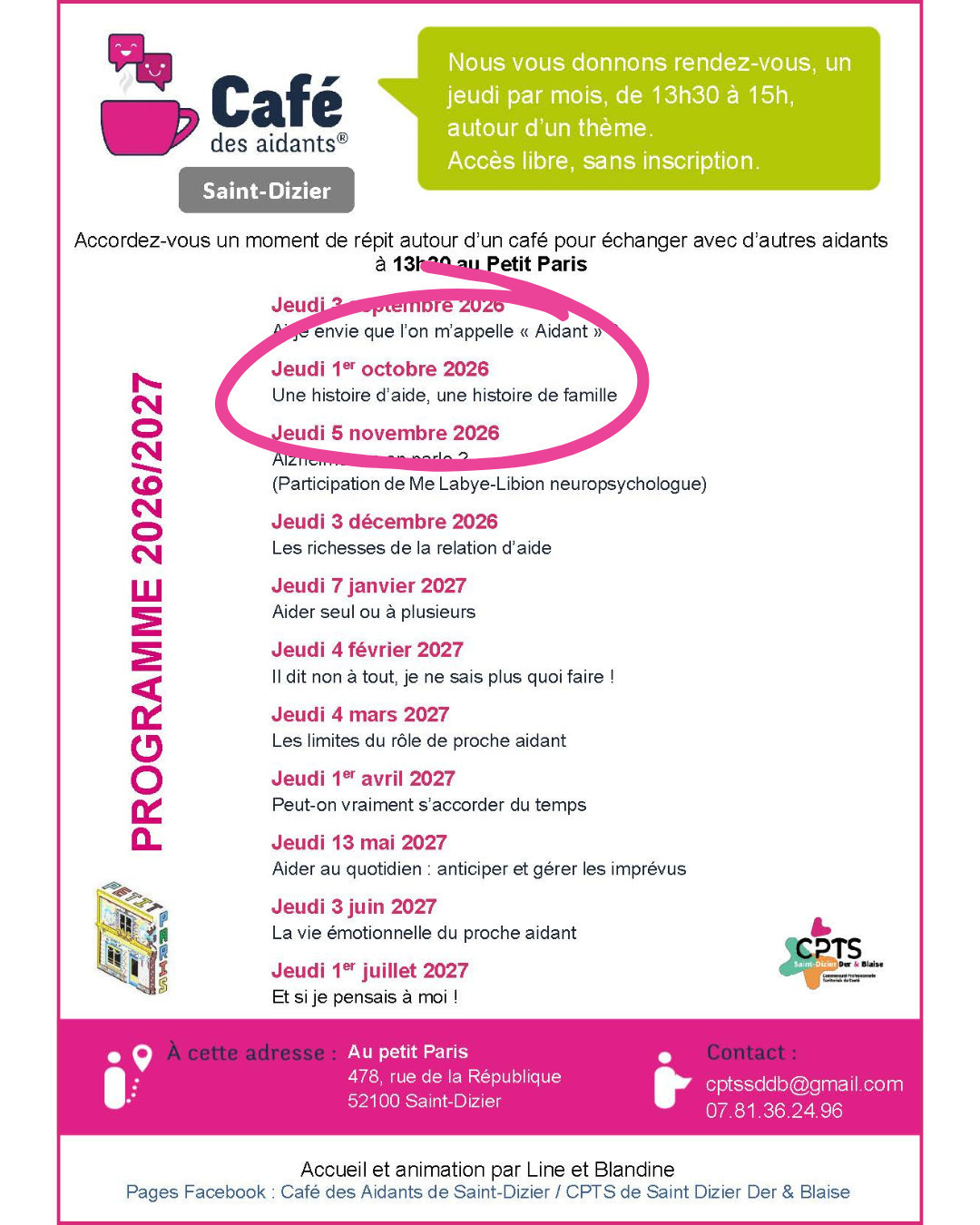Café des Aidants – Saint-Dizier : Alzheimer on en parle ?
(Participation de Me Labye-Libion neuropsychologue)