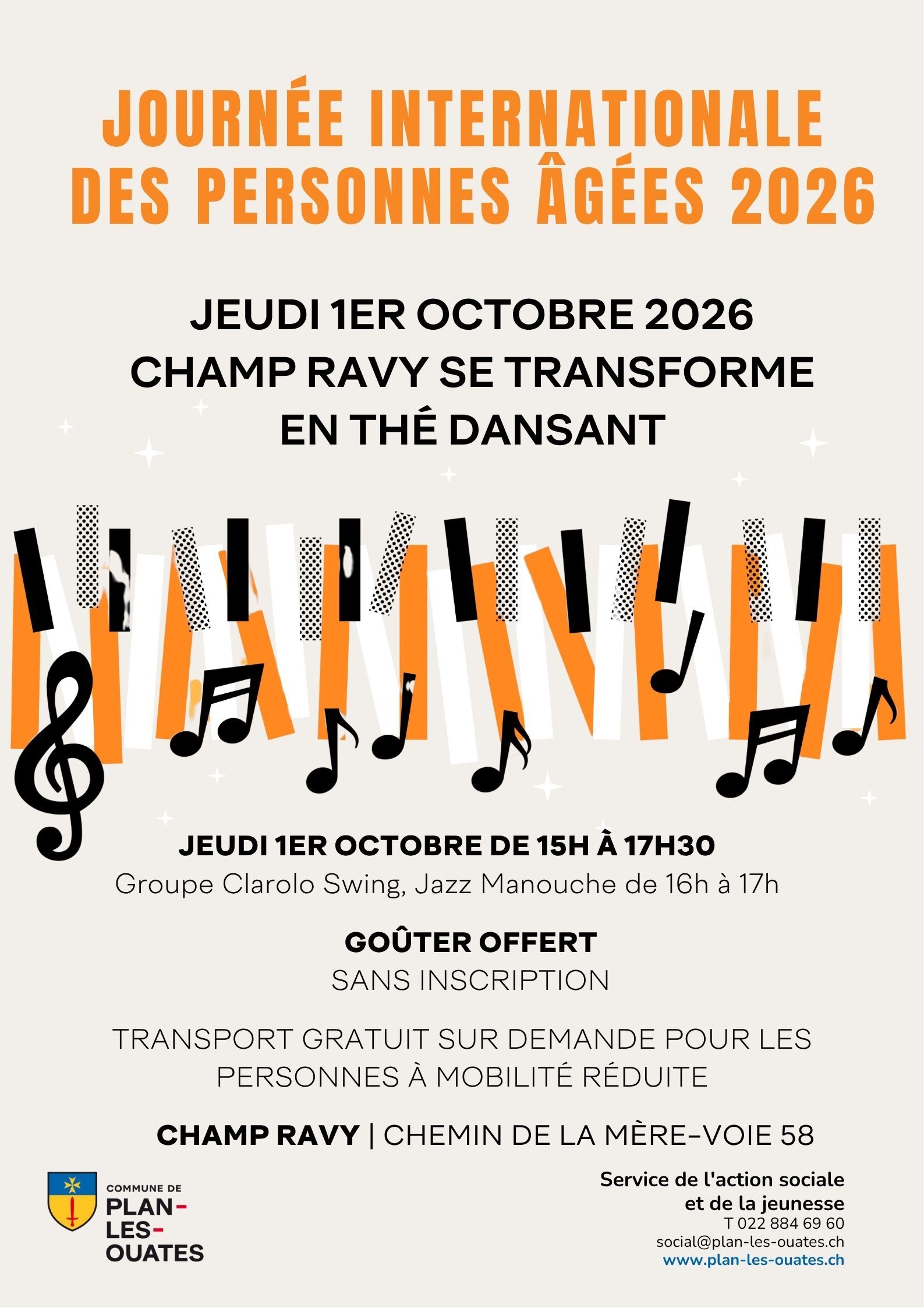 À l'occasion de la Journée internationale des personnes âgées, la Commune invite les seniors à partager un après-midi convivial en musique, autour d'un thé dansant et d'un goûter offert.