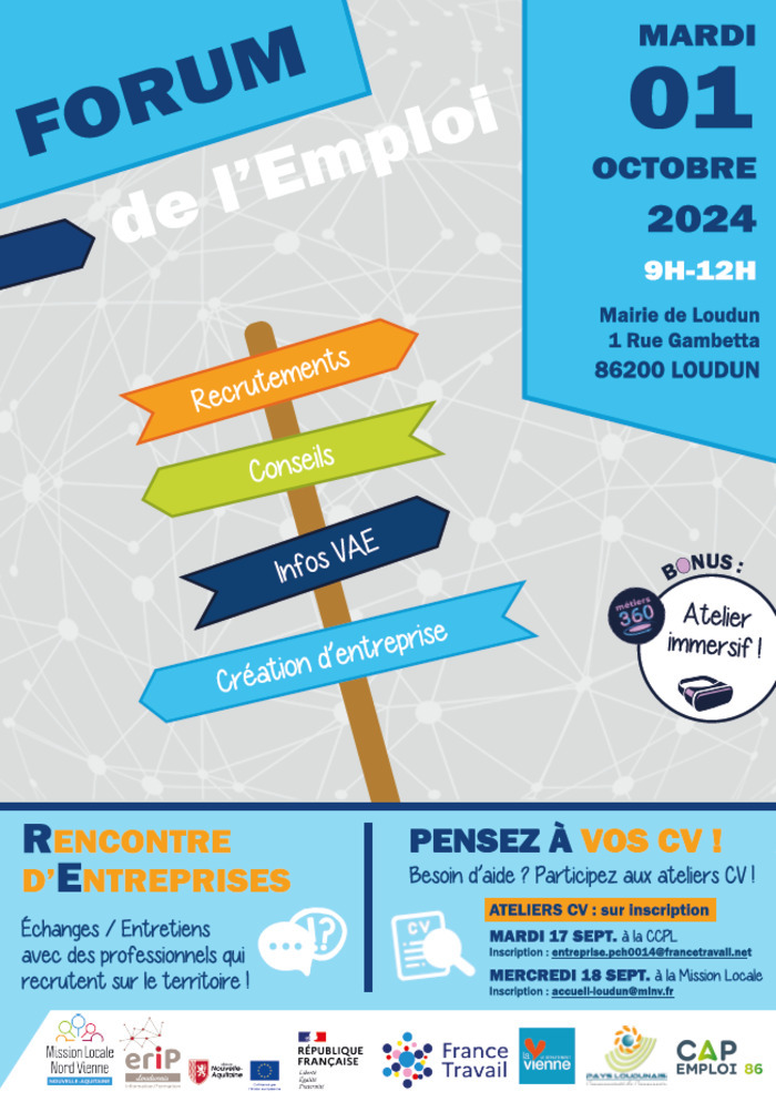 Organisé par l'ERIP Loudunais et ses partenaires, un Forum de l’emploi se tiendra le 1er octobre, de 9h à 12h00, à Loudun.