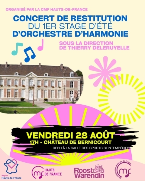 Concert de restitution du 1er stage d'été d'orchestre d'harmonie CMF HDF, à Roost-Warendin