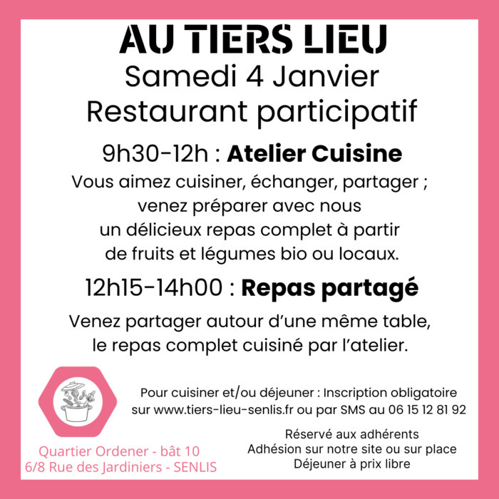 Atelier de cuisine participative & déjeuner Du 4 au 22 janv 2025