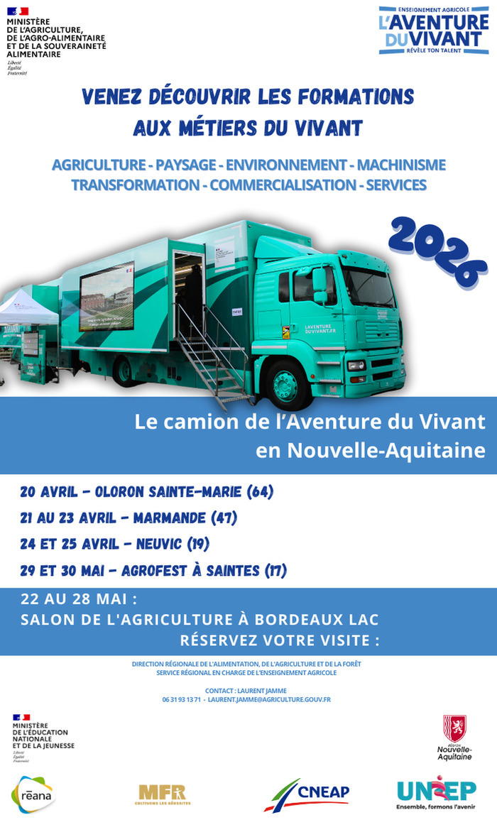 A l'occasion de la venue du Camion de l'aventure du vivant à Neuvic (19) les 24 et 25 avril 2026, le Lycée Henri Queuille organise une journée autour des métiers de la nature au sein du territoire.