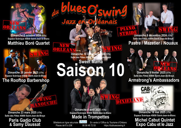 Toute une saison de Jazz traditionnel sur la Métropole Orléanaise!  Du Swing bien sûr, dont du Swing Manouche, du Stride, du Dixieland et toute la musique de la Nouvelle Orléans.