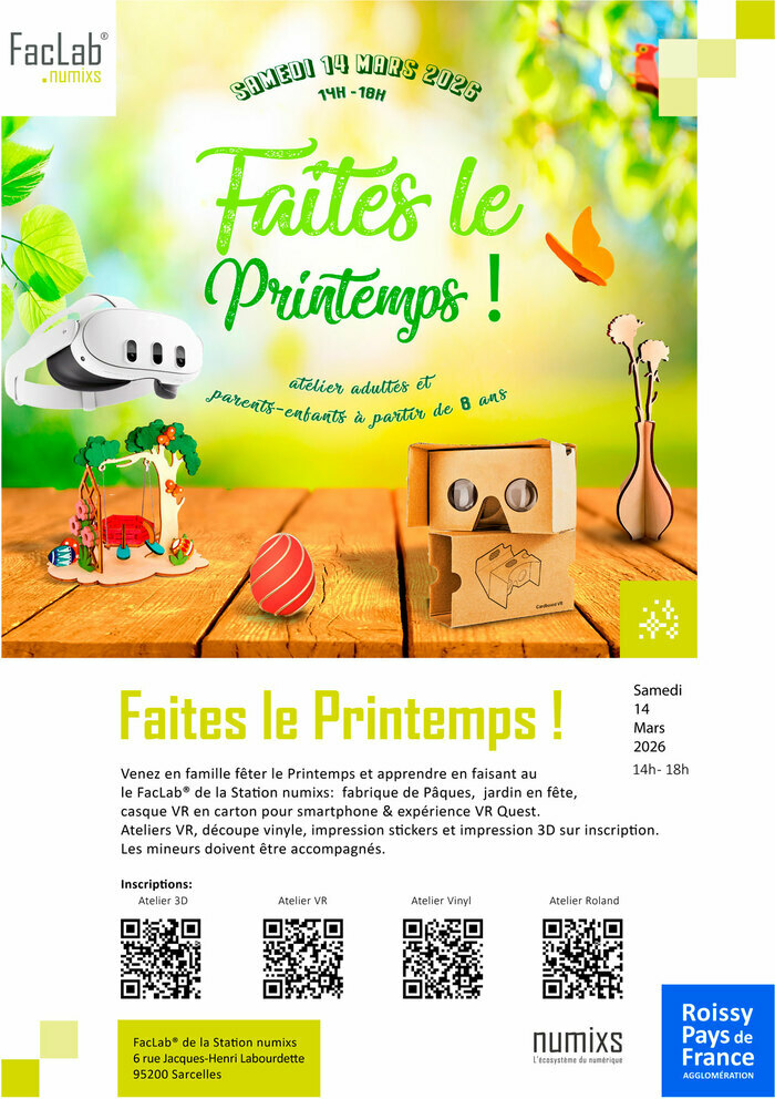 Venez en famille fêter le Printemps et apprendre en faisant: fabrique de Pâques, jardin en fête, création de casque VR smartphone en carton & expérience VR dans la salle dédiée de la Station numixs.