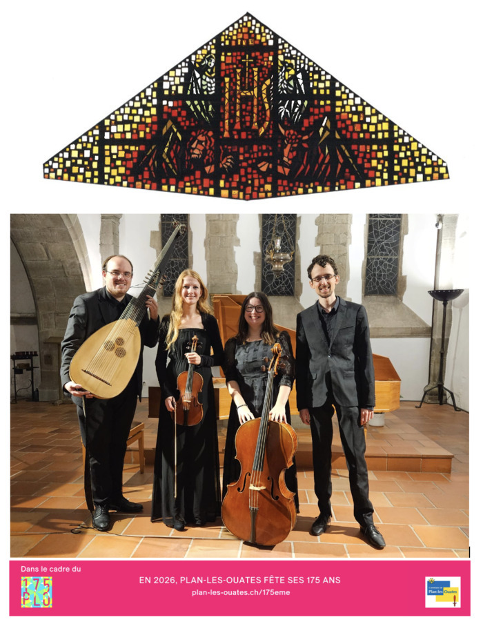 Concert de musique baroque par l'ensemble Memorare à l'église de Plan-les-Ouates. Mise en résonance des vitraux de l'église avec les Sonates pour violon de H. Biber (1644-1704).