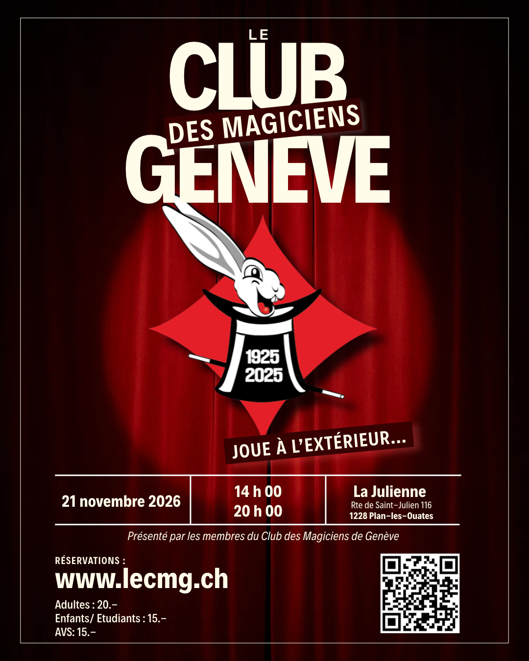 Spectacle annuel du CMG, Sanedi 21.11.2026, 14h et 20h à La Julienne, première fois à l’extérieur de la Ville de Genève pour faire découvrir notre art et nos membres.