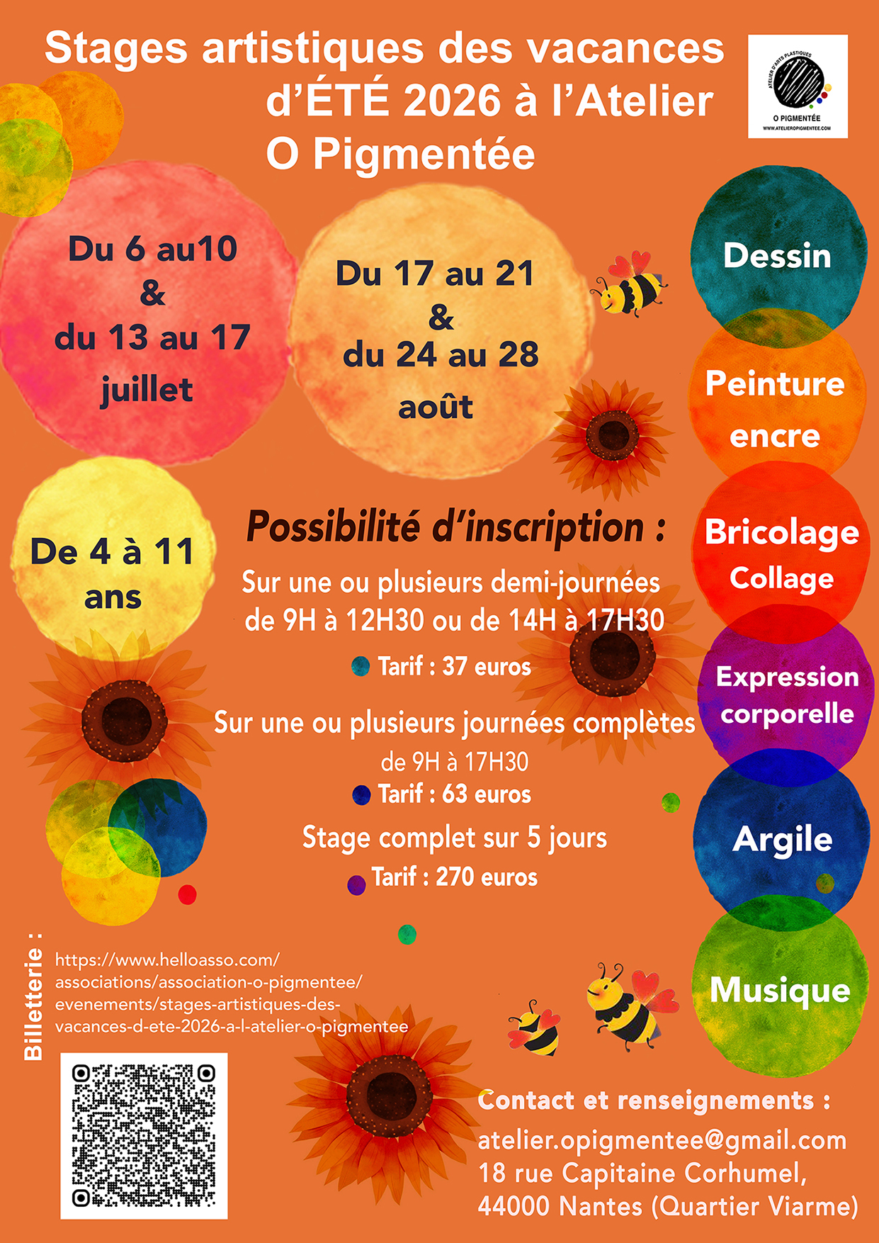 Stages artistiques des vacances d'été 2026 à l'Atelier O Pigmentée