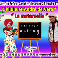 Pilule et André de Vera un joyeux spectacle interactif pour enfants de 2 à 6 ans sous forme de comédie musicale, chansons, magie, clown, ventriloquie.